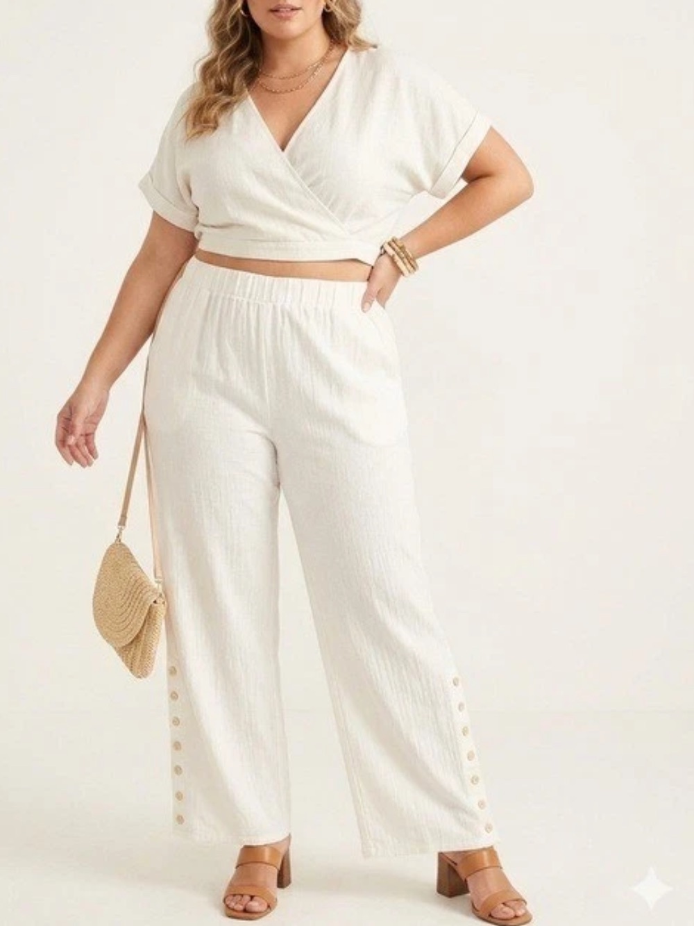 Soft Surroundings Gauze Wide Leg Pants Button Details Off White Large